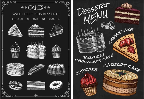 Cake menu. Hand drawn bakery product. Sweet Food on chalkboard. Vintage donut macaroon. Engraved sketch. Vector illustration for a banner of a cafe and restaurant. — Stock Vector