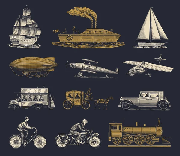 Ubåt, båt och bil, motorcykel, hästdragen vagn. luftskepp eller luftballong, luftballong, flygplansmajskolv, lok. graverad hand ritad i gammal skiss stil, vintage passagerare transport. — Stock vektor