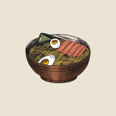 Erişteli erişte çorbası. Japon yemeği. Geleneksel Asya tarzı. Menü için elle çizilmiş bir eskiz. Monokrom tarzı. Vektör illüstrasyonu