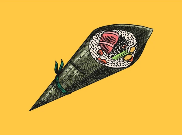 Japonské jídlo. Sushi bar nebo temaki roll. Vektorová ilustrace pro asijskou restauraci. Ručně kreslený náčrt pro menu. Monochromatický styl. Vektorové obrázky — Stockový vektor