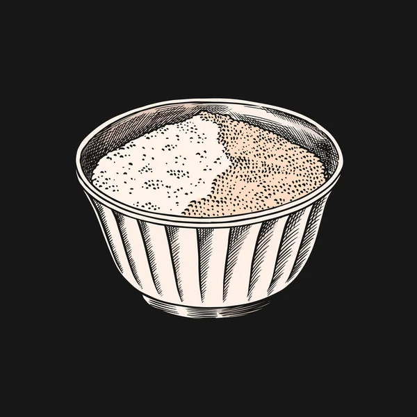 Sal o azúcar en un bol. Especias o cereales en estilo vintage. Ingrediente de cocina. Boceto grabado a mano para menú. Estilo monocromo. ilustraciones vectoriales — Vector de stock