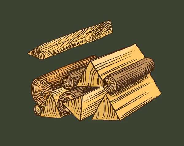 Bois ou bois de chauffage. Un morceau d'arbre. Planches et bûches, bois et coupe, bois de chauffage dans un style vintage. Illusion vectorielle pour enseigne, étiquettes, logo ou bannière. Matériel de feu de camp. Croquis gravé à la main. — Image vectorielle