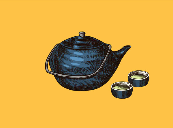 Japanese tea party. Teapot and traditional bowls. Hand Drawn engraved sketch for menu. Monochrome style. Vector illustrations