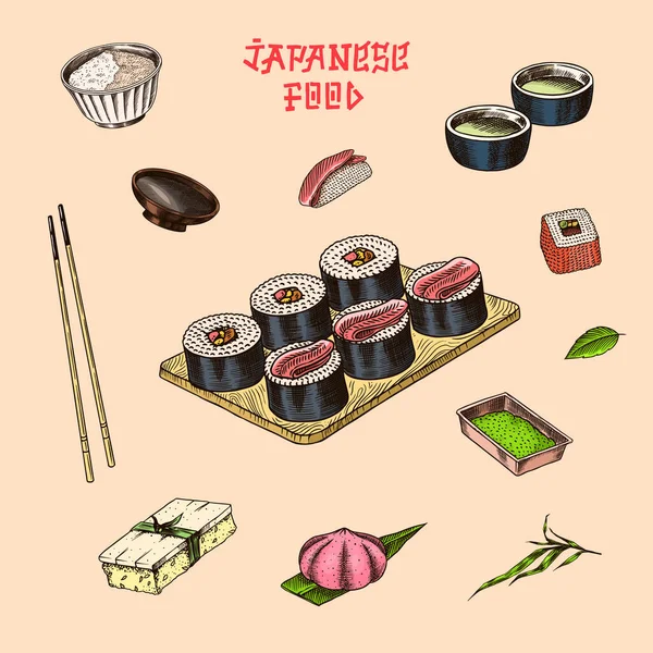 Japán ételkészlet. Sushi bár, ramen tészta, leves egy tálban, tekercs és desszert, ázsiai tea. Szójaszósz. A kéz fogja az evőpálcikákat. Rajzolt vázlat. Monokróm firka stílusban. Vektorillusztráció — Stock Vector