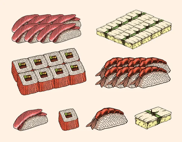 Rollo japonés. Sushi bar. La mano sostiene palillos. Estilo monocromo. Dibujado boceto grabado para el menú. Comida asiática. — Vector de stock