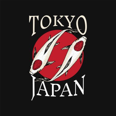 Koi sazan balığı ve kırmızı güneş, Japon balık rozeti. Kore hayvan logosu. Poster ya da etiket için oymalı el çizimi sanat eseri Vintage dövmeli monokrom çizimi.