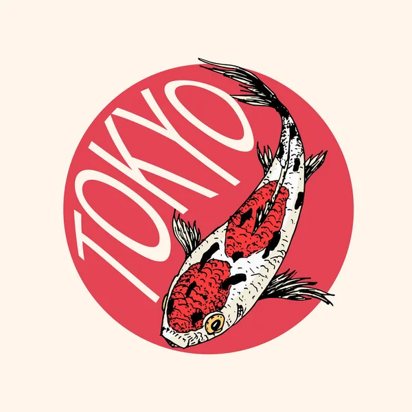 Carpa Koi e sol vermelho, crachá de peixe japonês. Logotipo de animal coreano. Gravado mão desenhada linha arte Vintage tatuagem monocromático esboço para cartaz ou rótulo. — Vetor de Stock