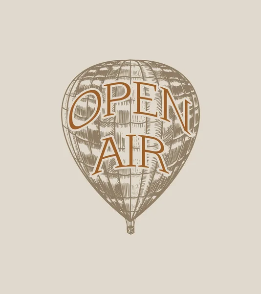 Badge de ballon à air chaud vintage. Vecteur rétro dirigeable volant avec élément décoratif. Modèle de transport pour logo romantique. Croquis gravé à la main pour affiche ou bannière. — Image vectorielle