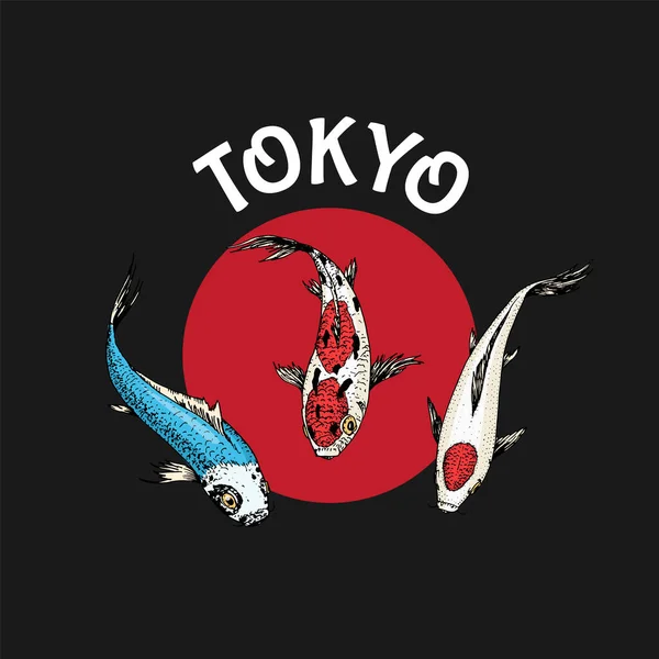 Carpa Koi e sol vermelho, crachá de peixe japonês. Logotipo de animal coreano. Gravado mão desenhada linha arte Vintage tatuagem monocromático esboço para cartaz ou rótulo. —  Vetores de Stock