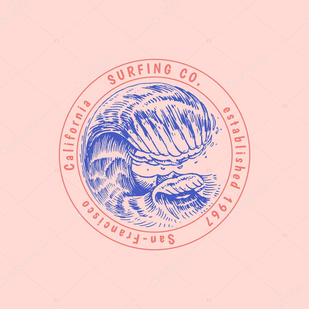 Atlantic tidal waves and red sun. Vintage old engraved hand drawn labels. Marine and nautical or sea, ocean in Japanese style for banner, background or poster. set of Isolated vector illustration