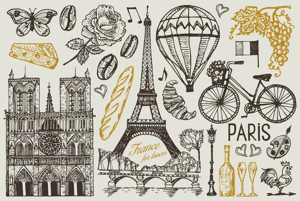 Paris set in vintage retro style. France, eiffel tower and buildings. Retro doodle elements. Vector illustration. Hand drawn engraved retro sketch. Antique old monochrome style. — Stock Vector