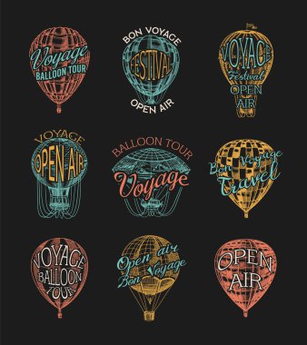 Klasik Sıcak Hava Balonu rozetleri ayarlandı. Dekoratif unsurlu vektör geri uçuş zeplini. Romantik logo için şablon nakli. Poster ya da afiş için elle çizilmiş eskiz.