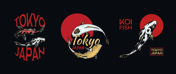 Koi carp and red sun, Japanese fish badges set. Korean animal logo. Engraved hand drawn line art Vintage tattoo monochrome sketch for poster or label.