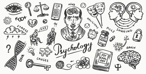 Psychology science poster or banner. Psychologist online. Clew and dna, puzzle and key. Hand drawn sketch. Psychological help. Brain and mind and mental health. Vintage retro signs. Doodle style. — Image vectorielle