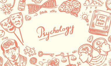 Psychology science poster or banner. Psychologist online. Clew and dna, puzzle and key. Hand drawn sketch. Psychological help. Brain and mind and mental health. Vintage retro signs. Doodle style. 