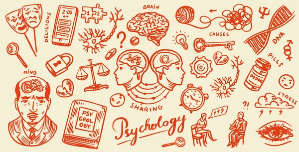 Psychology science symbols. Psychologist online. Clew and dna, puzzle and key. Hand drawn sketch. Psychological help. Brain and mind and mental health. Vintage retro signs. Doodle style. — Stock Vector