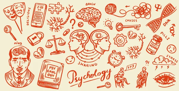 Psykologi vetenskap symboler. Psykolog på nätet. Clew och DNA, pussel och nyckel. Handritad skiss. Psykologisk hjälp. Hjärna och sinne och mental hälsa. Vintage retro tecken. Doodle-stil. — Stock vektor