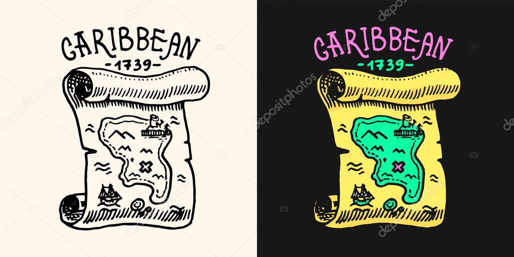 Pirate treasure map with island logo. Jolly roger or Corsair. Marine and nautical or sea, ocean emblem. Engraved hand drawn, old label or badge. Vector illustration