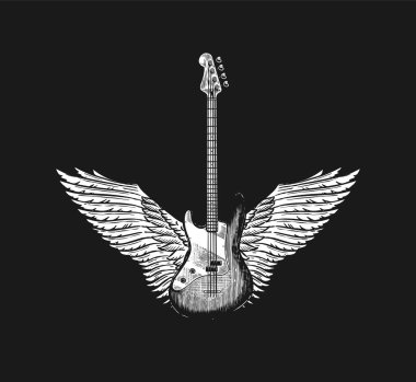Melek kanatlı gitar. Dövmeli, tişörtlü ya da ahşap kesimli el yapımı grunge eskizi. Rock konsepti. Poster veya afiş için klasik Vektör illüstrasyonuName.