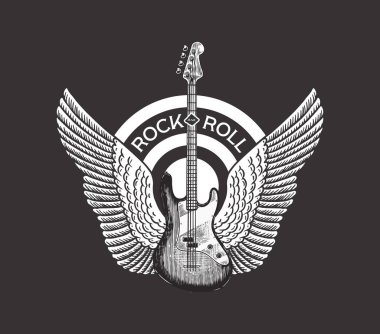 Melek kanatlı gitar. Dövmeli, tişörtlü ya da ahşap kesimli el yapımı grunge eskizi. Rock konsepti. Poster veya afiş için klasik Vektör illüstrasyonuName.
