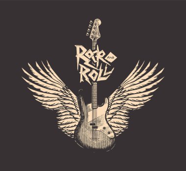 Melek kanatlı gitar. Dövmeli, tişörtlü ya da ahşap kesimli el yapımı grunge eskizi. Rock konsepti. Poster veya afiş için klasik Vektör illüstrasyonuName.