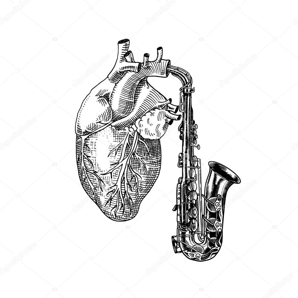 Music of the heart in vintage style. Jazz saxophone. Hand Drawn grunge sketch for tattoo or t-shirt or woodcut. Vintage Vector illustration for blues poster or banner