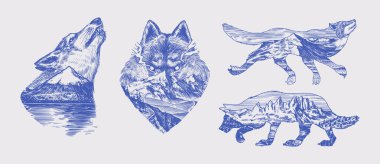 Gri kurt logosu ve rozeti. Orman, dağ ve tepe. Çift pozlama kavramı. Yırtıcı bir hayvan. Vahşi orman hayvanı. Dövme, tişört ya da tipografi için eski bir taslak..