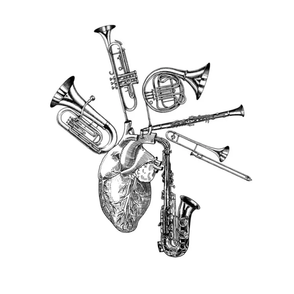 Music of the heart in vintage style. Jazz Musical Trombone Trumpet Flute French horn Saxophone. Hand Drawn sketch for tattoo or t-shirt or woodcut. Vintage Vector illustration for poster or banner. — Stock Vector