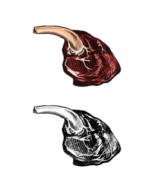 Izgara et, mangalda domuz eti ya da sığır budu. Klasik usulde ızgara yemek. Restoran menüsü, amblem ya da rozet şablonu. El çizimi çizim.