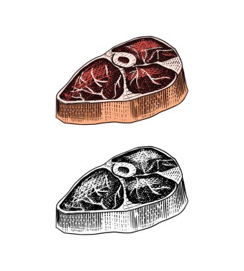 Izgara biftek, barbekü domuz eti ya da biftek. Klasik tarzda yemek. Restoran menüsü, amblem ya da rozet şablonu. El çizimi çizim.