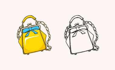 Kadın çantası mı? Eski tarz. Elle çizilmiş moda aksesuarlar. Yapıştırma veya Günlük için Vektör Resimleri