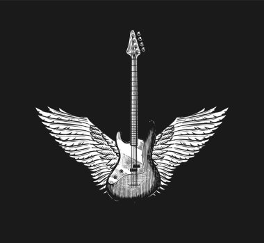 Melek kanatlı gitar. Dövmeli, tişörtlü ya da ahşap kesimli el yapımı grunge eskizi. Rock konsepti. Poster veya afiş için klasik Vektör illüstrasyonuName.
