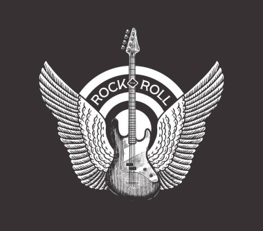 Melek kanatlı gitar. Dövmeli, tişörtlü ya da ahşap kesimli el yapımı grunge eskizi. Rock konsepti. Poster veya afiş için klasik Vektör illüstrasyonuName.