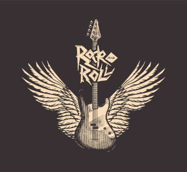 Melek kanatlı gitar. Dövmeli, tişörtlü ya da ahşap kesimli el yapımı grunge eskizi. Rock konsepti. Poster veya afiş için klasik Vektör illüstrasyonuName.