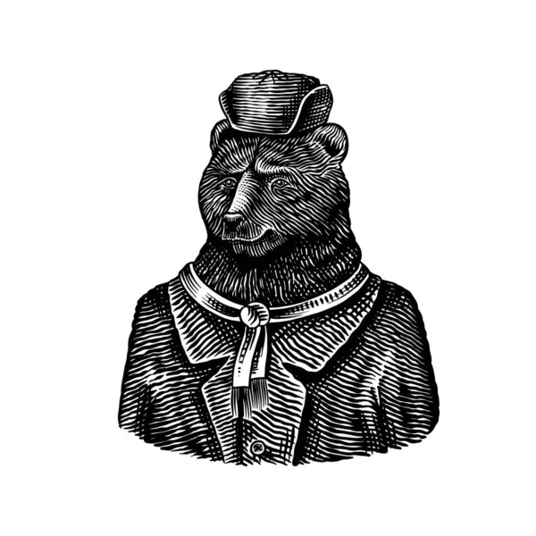 毛皮のコートでクマの文字。ロシアの帽子でファッショナブルな動物。手描き古いモノクロのスケッチを刻印。Tシャツ、タトゥー、バッジ、プリント用ベクトルイラスト. — ストックベクタ