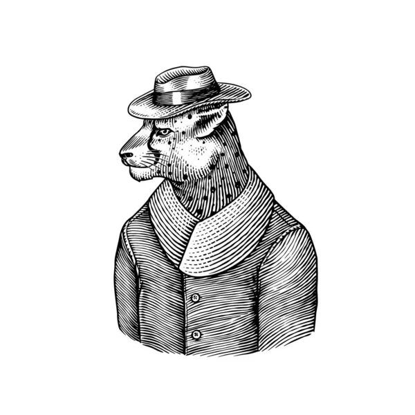 Τσίτα χαρακτήρα. Ο Guepard με παλτό. Μοντέρνο ζώο, βιτοριανός κύριος με σακάκι. Χειροποίητο ζωγραφισμένο παλιό μονόχρωμο σκίτσο. Εικονογράφηση διάνυσμα για t-shirt, τατουάζ ή σήμα ή εκτύπωση. — Διανυσματικό Αρχείο