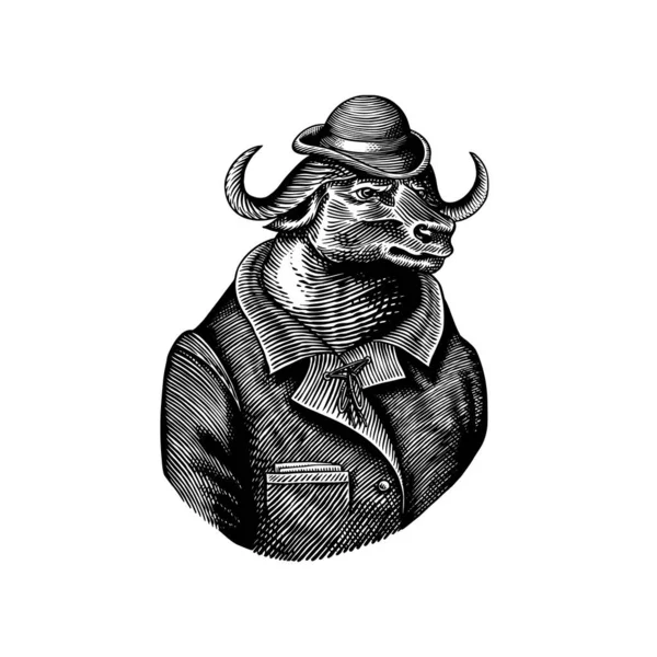 Buffalo Bull karakter kabátban. Divatos állat, vitoriai úriember. Kézzel rajzolt régi monokróm vázlat. Vektorillusztráció pólóhoz, tetováláshoz, jelvényhez vagy nyomtatáshoz. — Stock Vector
