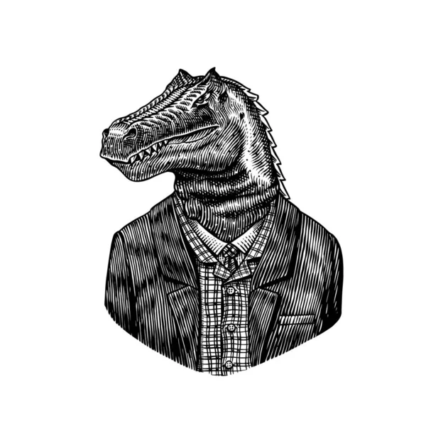 Характер динозаврів у пальто. Джентльмен Allosaurus tix. Модна тварина, віторіанський джентльмен у піджаку. Рука намалювала гравірований старий монохромний ескіз. Векторні ілюстрації для футболки, татуювання — стоковий вектор