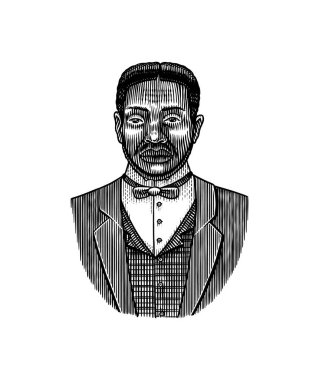 Zarif bir adam. Erkek yüzü. Afro-Amerikalı beyler. Viktorya dönemi. Moda ve kıyafetler. Takım elbiseli bir iş adamı. Elle çizilmiş eski bir çizim. Klasik oymalı illüstrasyon. 