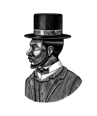 Zarif bir adam. Erkek yüzü. Silindir şapkalı Afro-Amerikan beyefendiler. Viktorya dönemi. Moda ve kıyafetler. Takım elbiseli bir iş adamı. Elle çizilmiş eski bir çizim. Klasik oymalı illüstrasyon. 