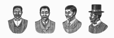 Zarif bir adam. Erkek yüzü. Afro-Amerikalı beyler. Viktorya dönemi. Moda ve kıyafetler. Takım elbiseli bir iş adamı. Elle çizilmiş eski bir çizim. Klasik oymalı illüstrasyon. 