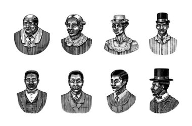 Zarif bir adam. Erkek yüzü. Afro-Amerikalı beyler. Viktorya dönemi. Moda ve kıyafetler. Takım elbiseli bir iş adamı. Elle çizilmiş eski bir çizim. Klasik oymalı illüstrasyon. 