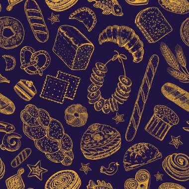 Pastane ürünleri utanmaz desen. Çörekler, kurabiyeler ve baget, turta ve kruvasan. Etiket ve menü fırını için eski eskiz ve vintage tarzına oyulmuş el yazısı. organik gıda.