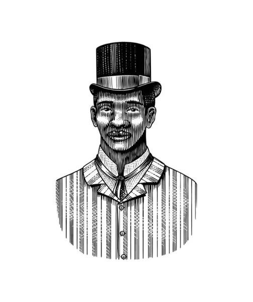 Элегантный мужчина. Мужское лицо. Афро-американские джентльмены в цилиндрической шляпе. Викторианская эпоха. Мода и одежда. Бизнесмен в костюме. Ручной рисунок. Винтажная гравированная иллюстрация. — стоковый вектор