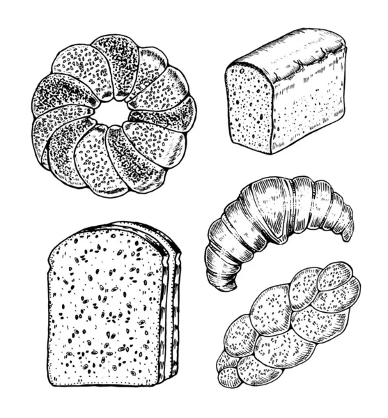 ベーカリー製品セット。ドーナツとパン、クロワッサンとサンドイッチ。ラベルやメニューのパン屋さんのための古いスケッチやヴィンテージスタイルで描かれた手を刻ま. — ストックベクタ