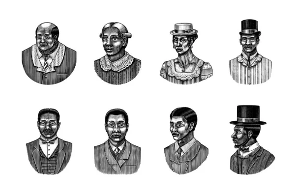 Elegant man. Manligt ansikte. Afro amerikanska herrar. Viktoriansk tid. Mode och kläder. Affärsman i kostym. Handritad gammal skiss. Vintage graverad illustration. — Stock vektor