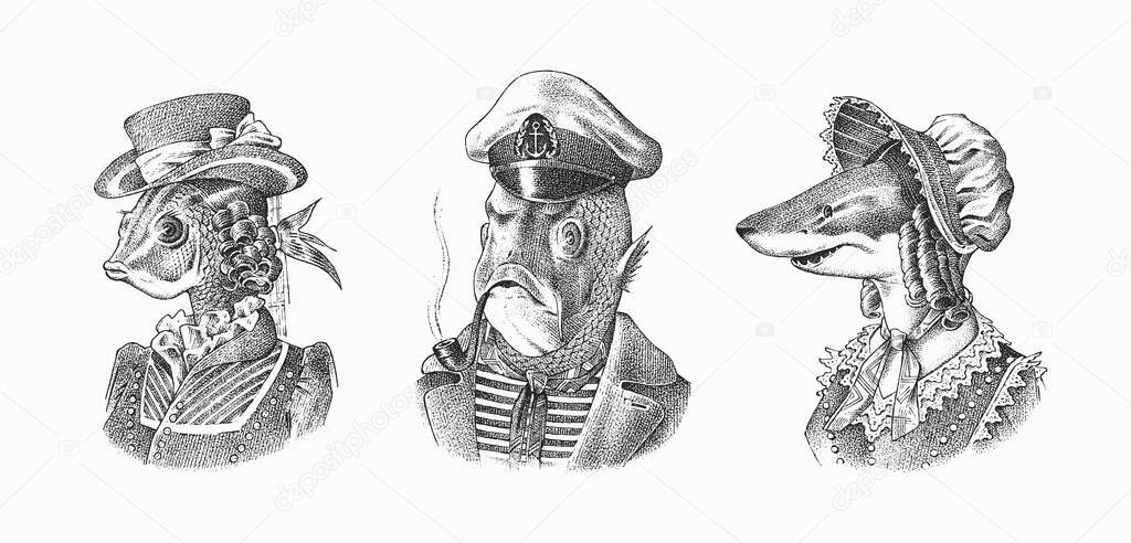Fish man sailor with a pipe. Fish victorian lady. Woman in hat and suit. Mariner in a cap and vest. Fashion animal character. Hand drawn sketch. Engraved illustration for and T-shirts or tattoo