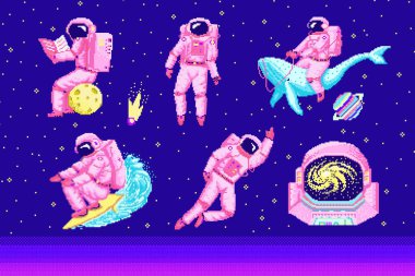 Pixel sanat astronotu. Uzaylı 8 bitlik nesneler. Uzay sanatı, dijital ikonlar. Balinanın üstünde kozmonot, ay ve dalga. Retro varlıklar. Klasik oyun tarzı. Bir dizi karakter. Vektör illüstrasyonu.
