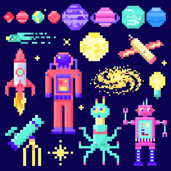 Conjunto de estrelas espaciais, astronauta alienígena, foguete robô e satélite cubos sistema solar planetas pixel arte, estilo de jogo vintage digital. Mercúrio, Vénus, Terra, Marte, Júpiter, Saturno. composição de ícones. — Vetor de Stock