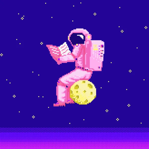 Pixel kunst astronaut. Ruimteman 8 bit objecten. Ruimtekunst, digitale iconen. kosmonaut op de maan. Retro activa. Vintage spel stijl. Een stel personages. Vectorillustratie. — Stockvector